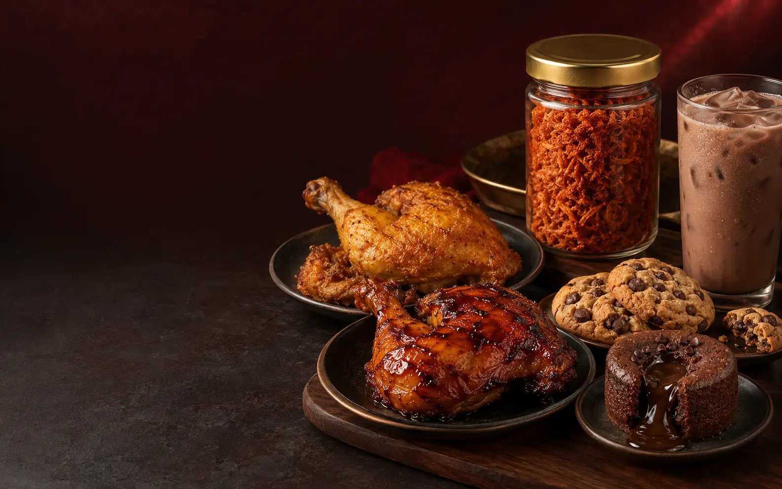 Sajian unggulan Yura Bites berupa serunding, ayam tulang lunak, cookies, cake, dan minuman cokelat